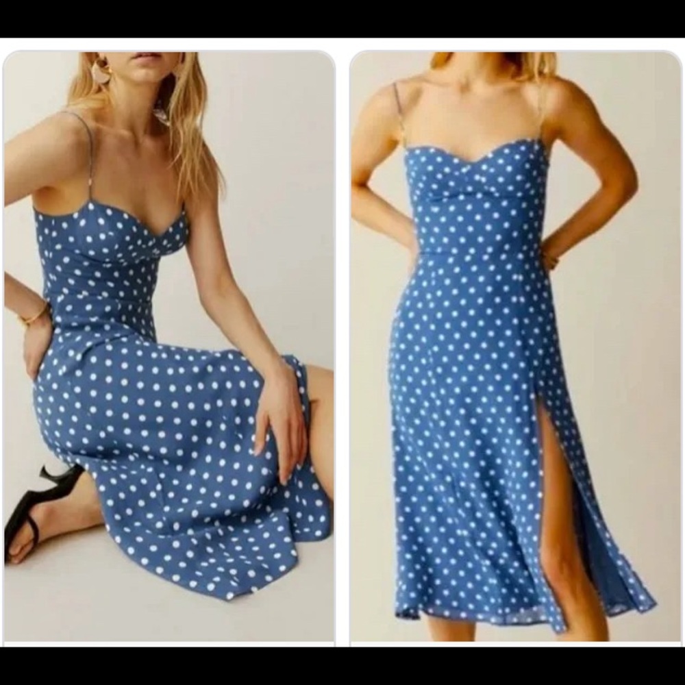 Reformation blue white polka dot dress